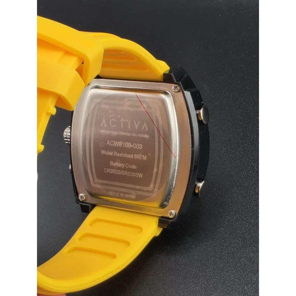 Activa Quartz Tonneau Multi-Dial Watch Yellow Rubber Strap 44-47.9mm 50m